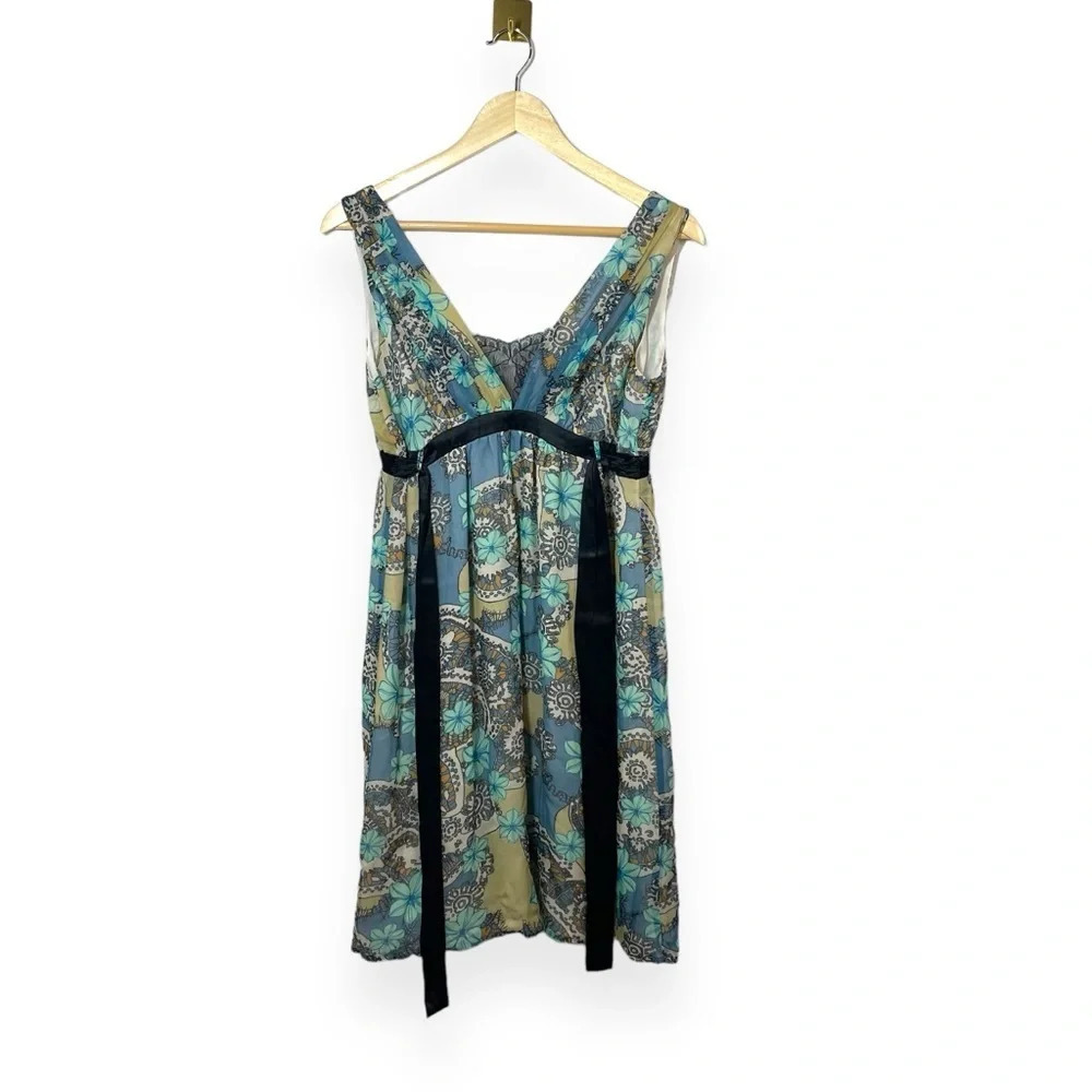 Vintage 70s Silk Geometric Print Mini Dress Blue Green Tie Waist M